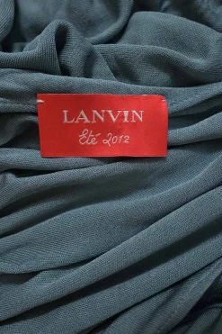 Teal draped viscose jersey knit bateau neck flutter sleeve blouson dress with portrait back