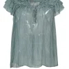 Teal semi-sheer crinkle silk tie-front ruffle swing top