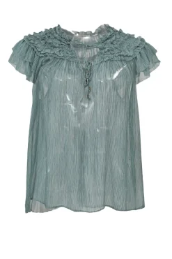 Teal semi-sheer crinkle silk tie-front ruffle swing top