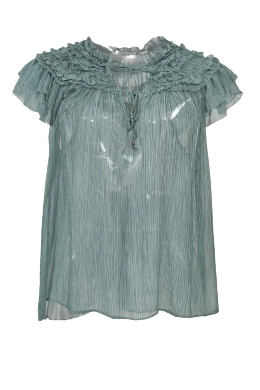 Teal semi-sheer crinkle silk tie-front ruffle swing top