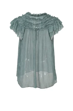 Teal semi-sheer crinkle silk tie-front ruffle swing top