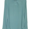 Teal silk band collar half-button pullover blouse