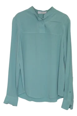 Teal silk band collar half-button pullover blouse
