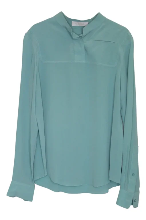 Teal silk band collar half-button pullover blouse