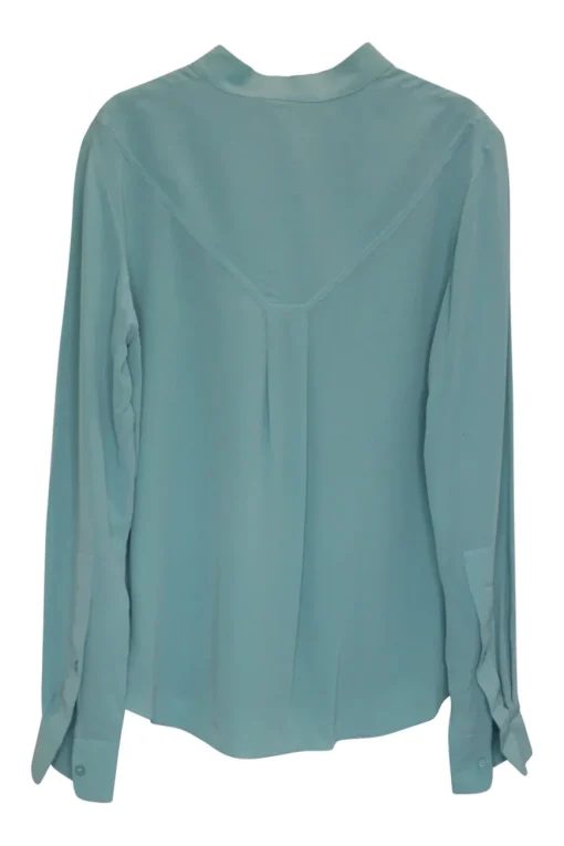 Teal silk band collar half-button pullover blouse