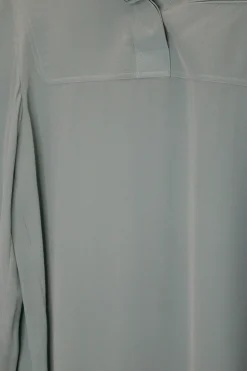 Teal silk band collar half-button pullover blouse