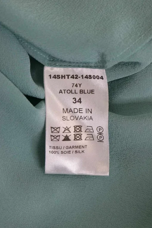 Teal silk band collar half-button pullover blouse