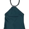 Teal triacetate-blend halter neck blouse with adjustable nape-tie fastening