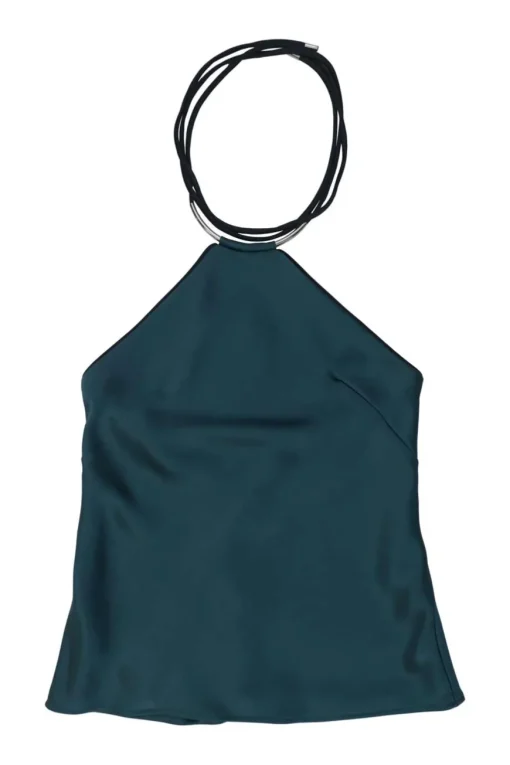 Teal triacetate-blend halter neck blouse with adjustable nape-tie fastening
