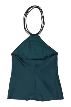 Teal triacetate-blend halter neck blouse with adjustable nape-tie fastening