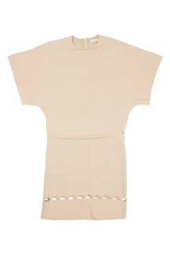 Tender pink acetate-blend cap sleeve mini sheath dress with cutout hem