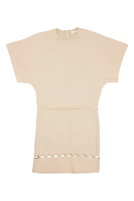 Tender pink acetate-blend cap sleeve mini sheath dress with cutout hem