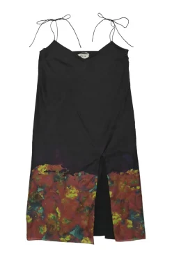 Terracotta and black silk abstract painterly print side slit slip dress with adjustable tie straps