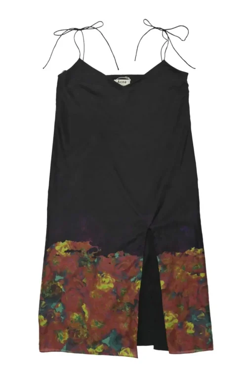 Terracotta and black silk abstract painterly print side slit slip dress with adjustable tie straps