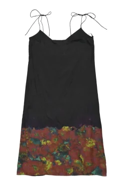 Terracotta and black silk abstract painterly print side slit slip dress with adjustable tie straps