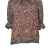 Terracotta and blue cotton-viscose blend floral print puff sleeve pintuck blouse with keyhole back