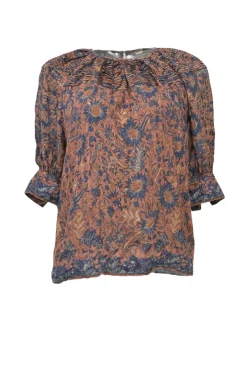 Terracotta and blue cotton-viscose blend floral print puff sleeve pintuck blouse with keyhole back