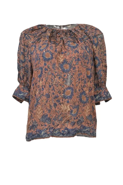 Terracotta and blue cotton-viscose blend floral print puff sleeve pintuck blouse with keyhole back