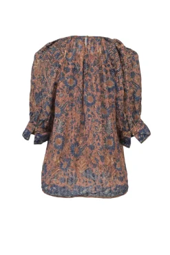 Terracotta and blue cotton-viscose blend floral print puff sleeve pintuck blouse with keyhole back