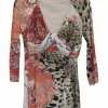 Terracotta and brown rayon jersey leopard print and floral patchwork style draped pullover top