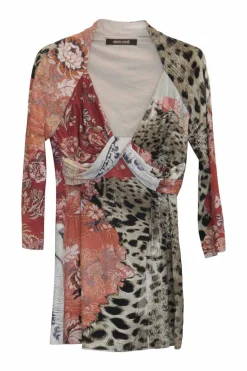 Terracotta and brown rayon jersey leopard print and floral patchwork style draped pullover top