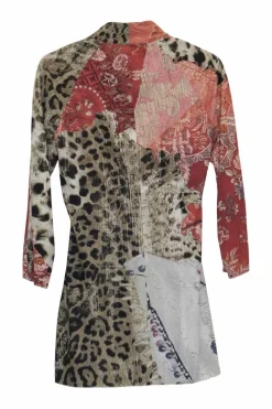 Terracotta and brown rayon jersey leopard print and floral patchwork style draped pullover top