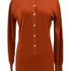 Terracotta cashmere interlock jersey knit funnel neck half-button pullover sweater with Coco Mark shank buttons