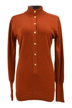 Terracotta cashmere interlock jersey knit funnel neck half-button pullover sweater with Coco Mark shank buttons