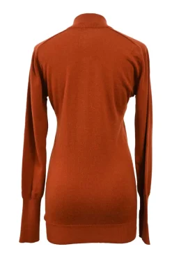 Terracotta cashmere interlock jersey knit funnel neck half-button pullover sweater with Coco Mark shank buttons