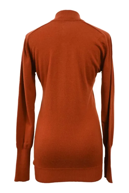Terracotta cashmere interlock jersey knit funnel neck half-button pullover sweater with Coco Mark shank buttons