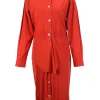Terracotta cotton long-sleeved midi-length button-up dress with slight peplum detail