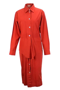 Terracotta cotton long-sleeved midi-length button-up dress with slight peplum detail