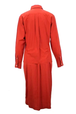 Terracotta cotton long-sleeved midi-length button-up dress with slight peplum detail