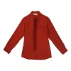 Terracotta cotton poplin classic collar button-front shirt featuring origami ribbon-trimmed placket