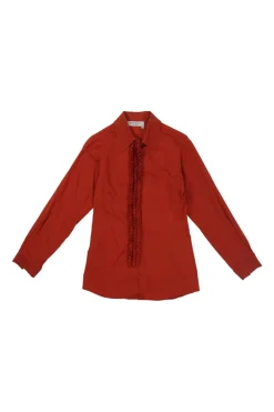 Terracotta cotton poplin classic collar button-front shirt featuring origami ribbon-trimmed placket