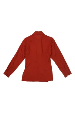 Terracotta cotton poplin classic collar button-front shirt featuring origami ribbon-trimmed placket