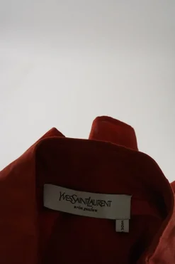 Terracotta cotton poplin classic collar button-front shirt featuring origami ribbon-trimmed placket