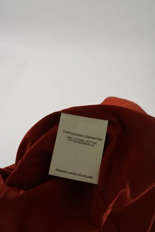 Terracotta cotton poplin classic collar button-front shirt featuring origami ribbon-trimmed placket