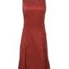 Terracotta cotton-blend bateau neck A-line dress with kick pleat skirt