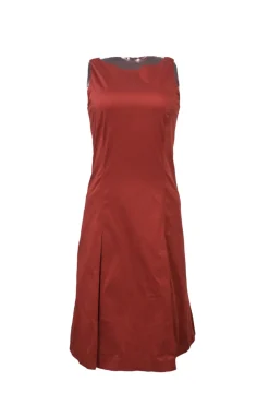 Terracotta cotton-blend bateau neck A-line dress with kick pleat skirt