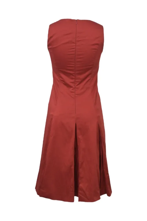 Terracotta cotton-blend bateau neck A-line dress with kick pleat skirt