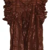Terracotta cotton-blend gauze striped jacquard pullover tassel tie flutter sleeve top