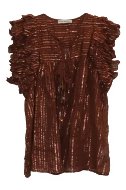 Terracotta cotton-blend gauze striped jacquard pullover tassel tie flutter sleeve top