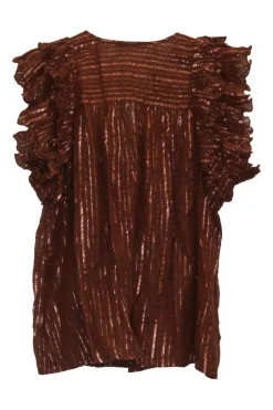 Terracotta cotton-blend gauze striped jacquard pullover tassel tie flutter sleeve top