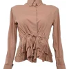 Terracotta cotton-blend point collar button-front peplum blouse with drawstring waist and tiered laser-cut plissé hem