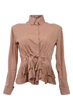 Terracotta cotton-blend point collar button-front peplum blouse with drawstring waist and tiered laser-cut plissé hem