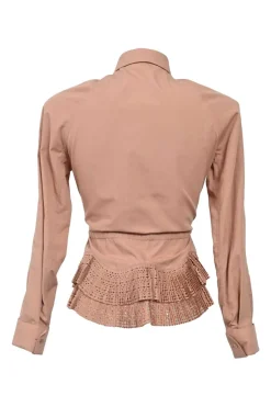 Terracotta cotton-blend point collar button-front peplum blouse with drawstring waist and tiered laser-cut plissé hem