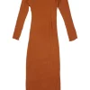 Terracotta crinkle silk-bamboo blend long sleeve tie-waist Rum midi dress