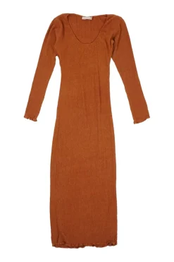 Terracotta crinkle silk-bamboo blend long sleeve tie-waist Rum midi dress