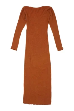 Terracotta crinkle silk-bamboo blend long sleeve tie-waist Rum midi dress